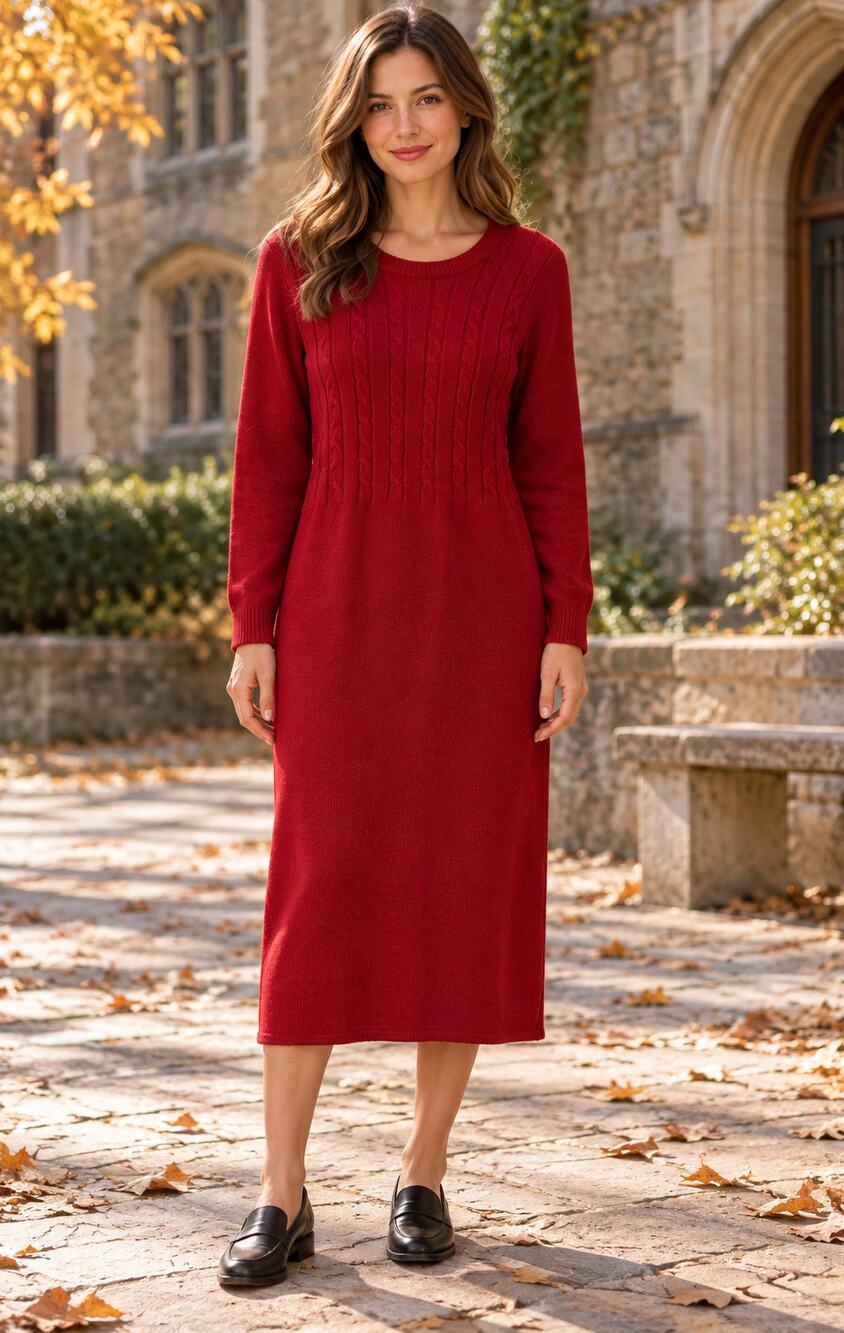 Y2K Sara Morgan Cherry Red Cable Knit Sweater Dress Women Large Midi Long Sleeve